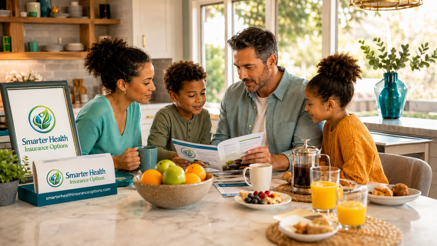 Family reviewing insurance information at home with Smarter Health Insurance Options branding