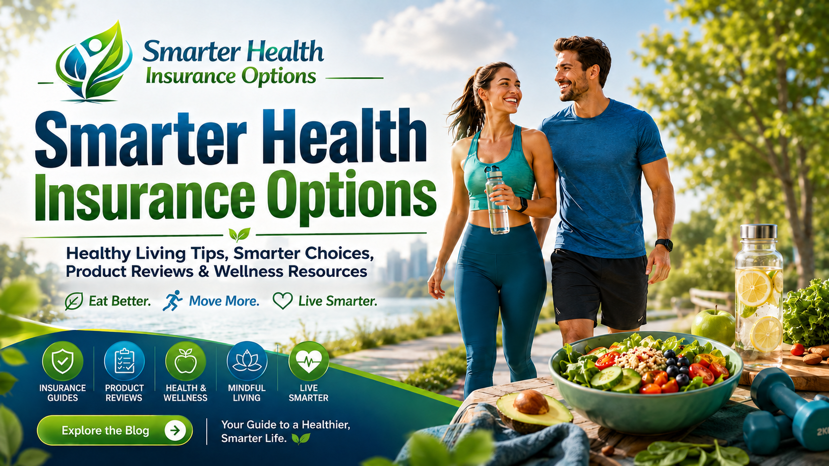 Healthy eating, walking, wellness tips, product reviews, and health resources article banner from Smarter Health Insurance Options